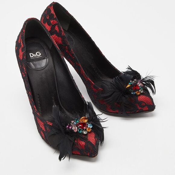 D&g Red/black Feather And Crystal Embellished Lace And Satin Pumps Size 37.5